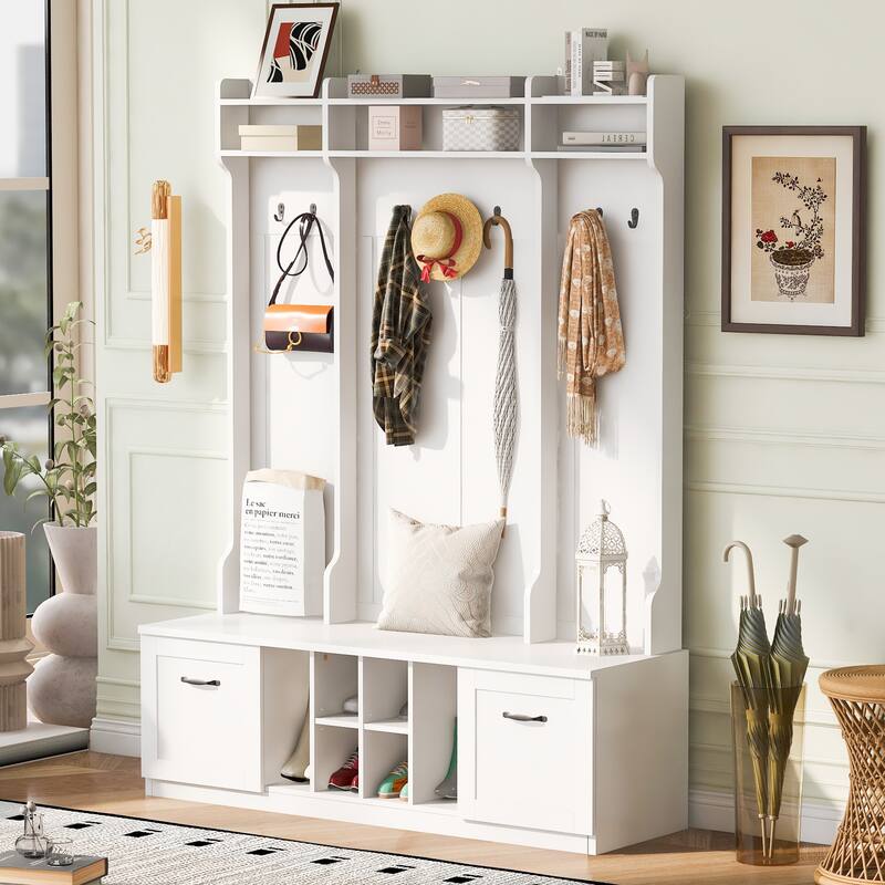 5-in-1 Entryway Bench with Coat Rack, 7 Sturdy Hooks, Adjustable Shelves, Drawers, and Metal Handles - White