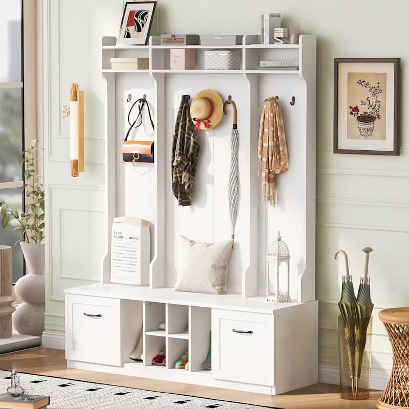 Modern Hall Tree Cabinet with Bench & Adjustable Shelves, Entryway Storage Cabinet Coat Rack with Walk-in Closet - White