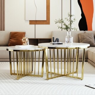 2-Piece Modern Round Nesting Coffee Table Set with White and Marbling ...