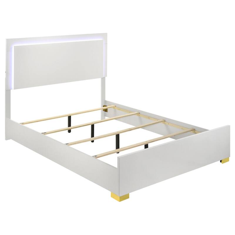 Dex Full Size Bed with LED Framed Headboard, White Wood Finish, Gold Legs