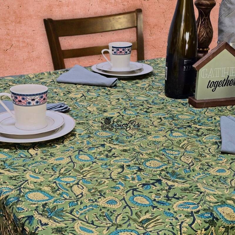 Sweet Us Amara Floral Cotton Block Print Tablecloth Rectangle