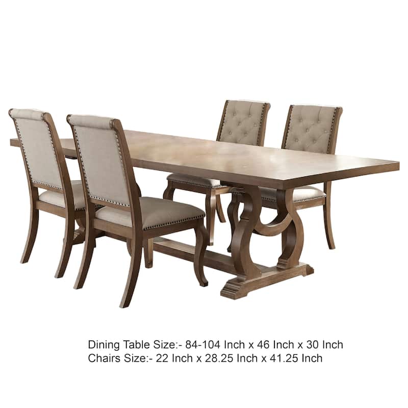 Sev 5pc Dining Table Set, 84-104 Inch Brown Top, 4 Cream Fabric Chairs