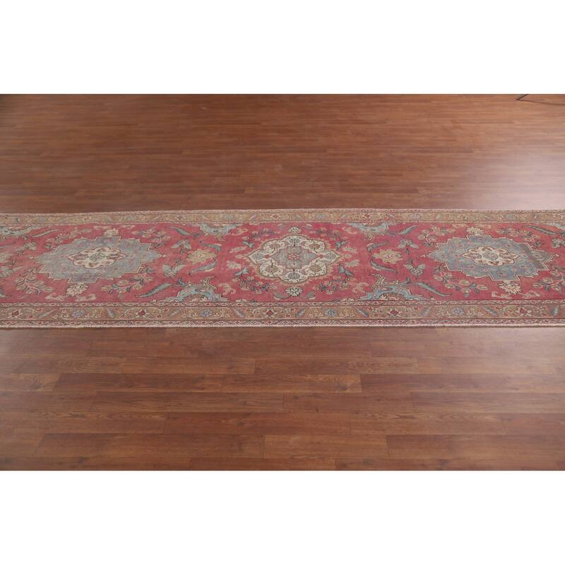 Hand Knotted Oriental 100% Wool Carpet Traditional Floral Pink Tabriz Runner Rug - 12' 9'' X 3' 3''
