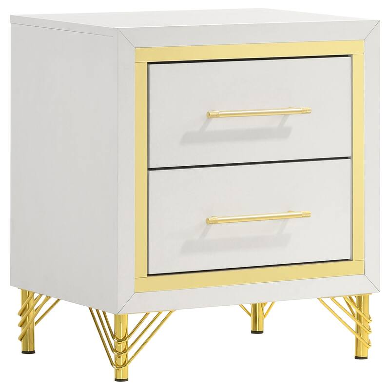 White 2-Drawer Nightstand with Gold Trim