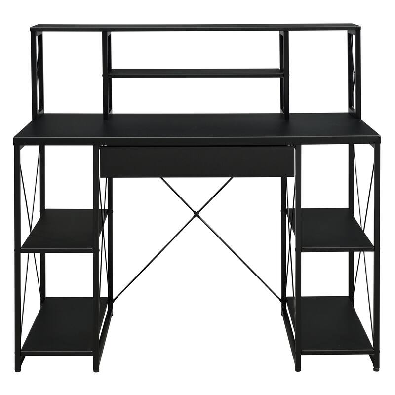 Stylish Office Desk with Hutch, 8 Open Compartments, and Drawer for Organization, Modern Writing Desk with Metal Sled Base