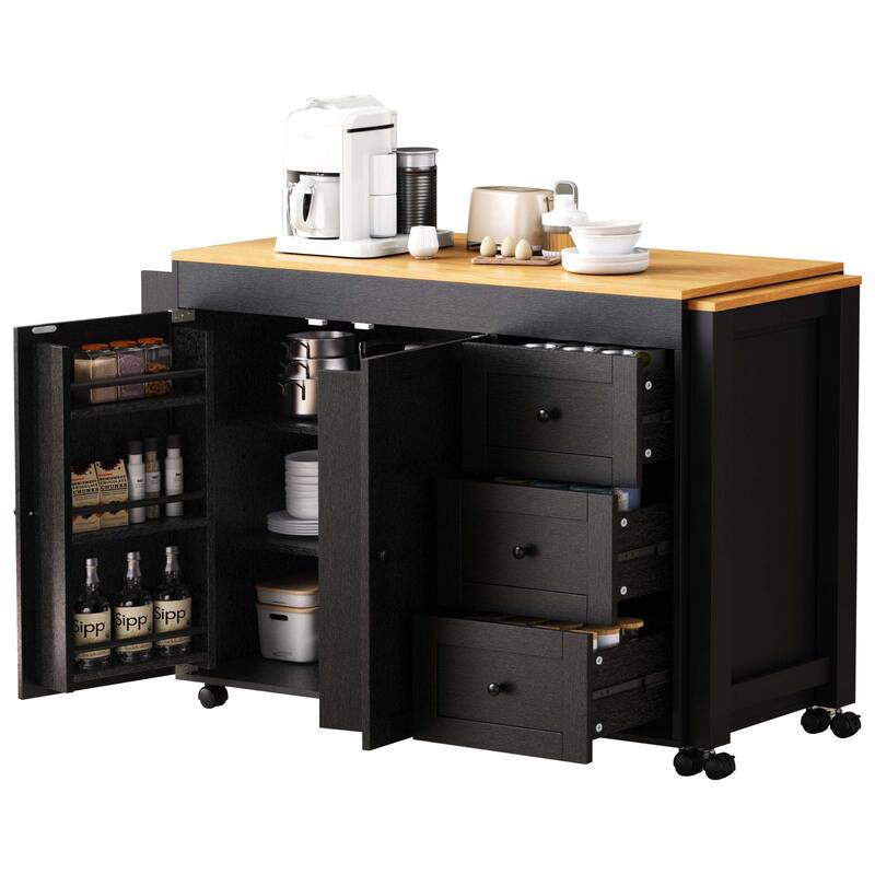 Roomfitters 74.8" Rolling Kitchen Island with Extendable Dining Table, Mobile Cart with Power Outlet, 3 Drawers & Racks