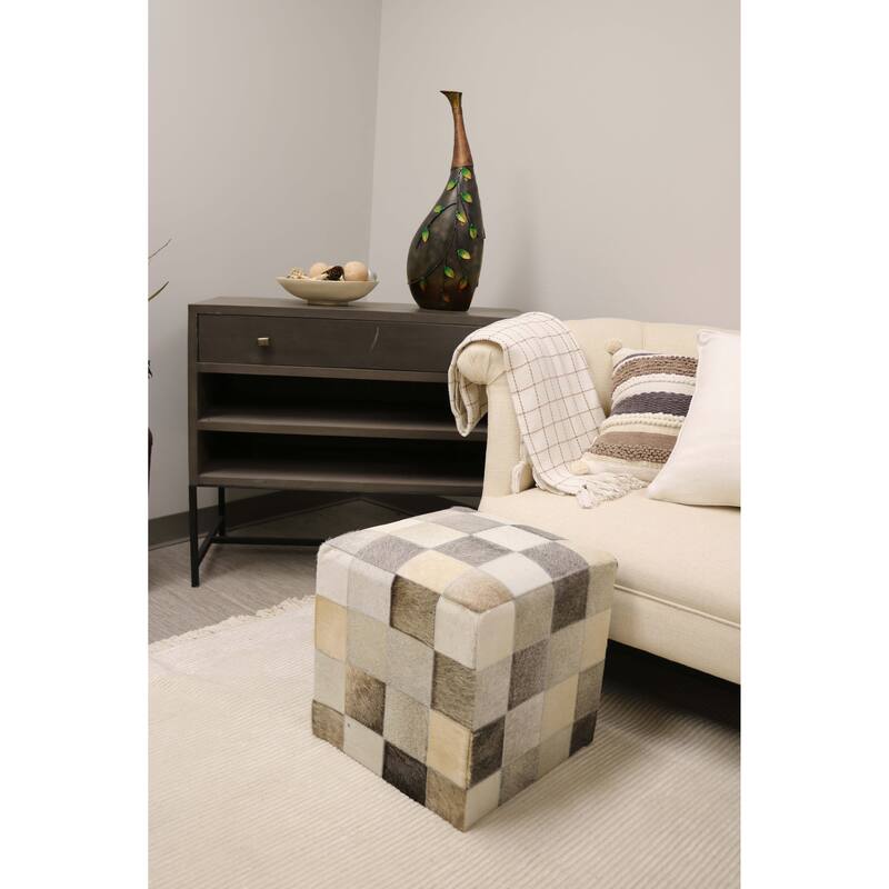 Home&Manor Seville 16" Cowhide Leather Cube Pouf