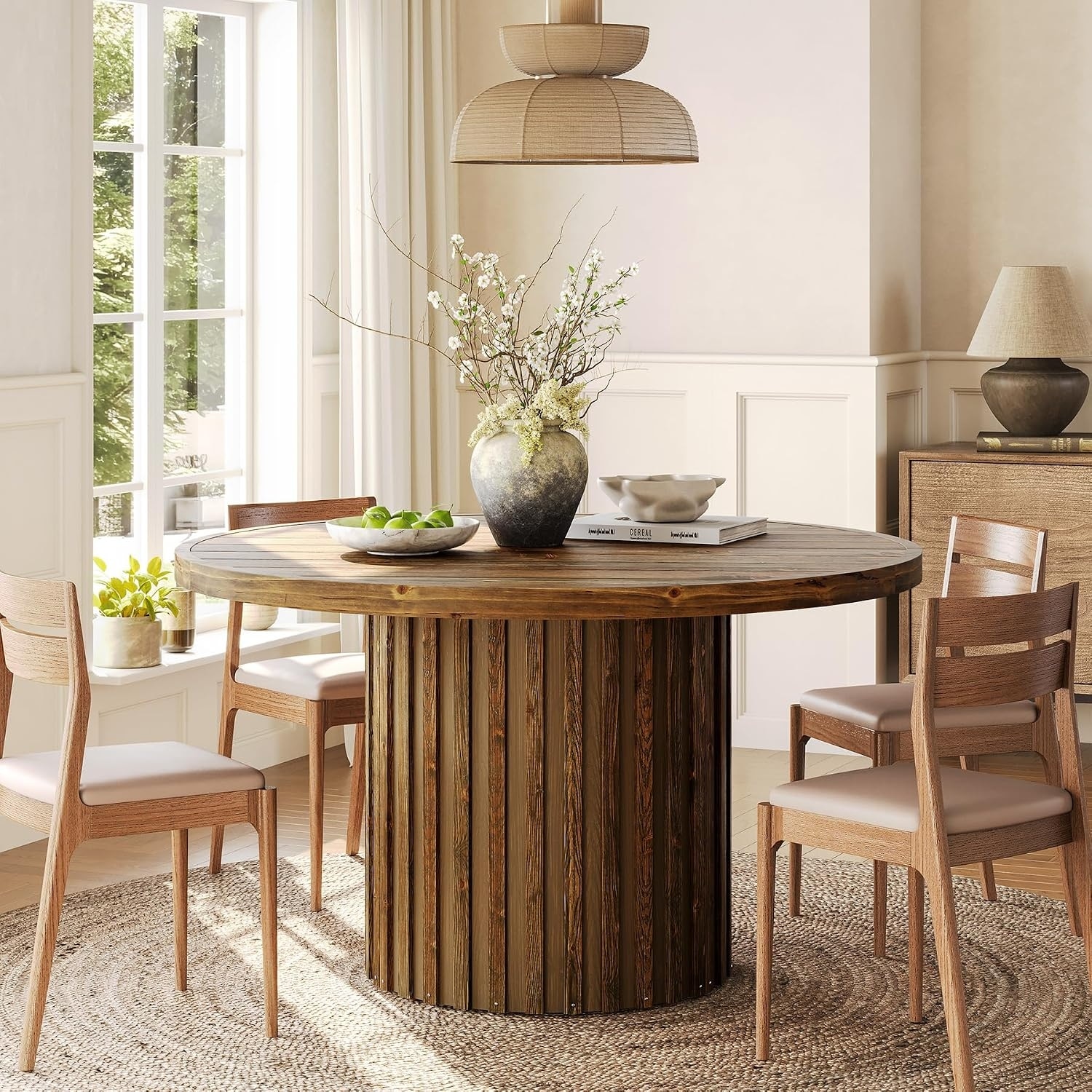47-Inch Round Dining Kitchen Table with Striped Pedestal Base