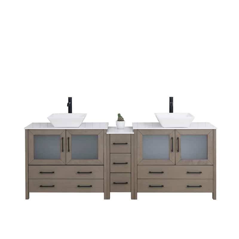 Vanity Art 84" Double Sink Bathroom Vanity Set with Engineered Marble Top and Free Mirrors