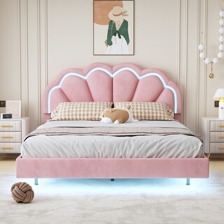 Pink Queen Size Platform Bed with LED and Floral Headboard