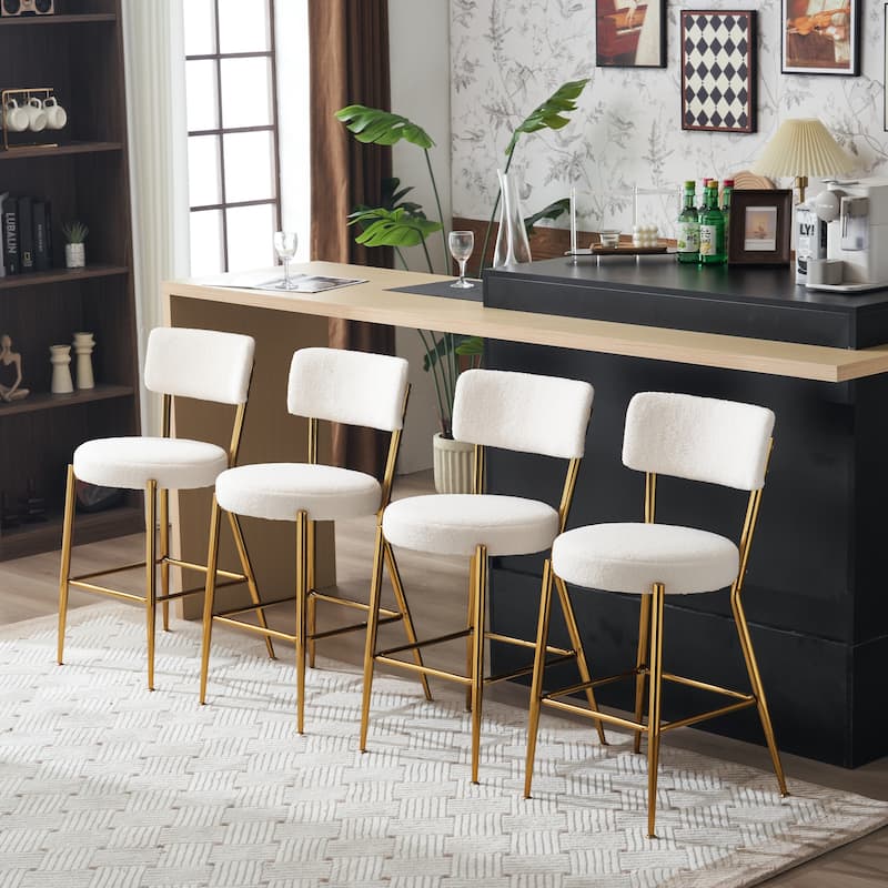 Set of 2 Modern Teddy Fabric Upholstered Bar Stools, Metal Base High Stool Suitable for Kitchen, Dining and Living Room