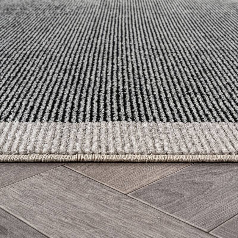 Modern Geometric Stripe Bordered Area Rug for Living Room, Bedroom, or Entryway - Low Pile Indoor Rug