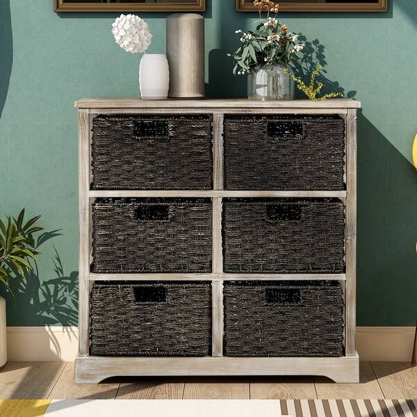 Shop White Washed Storage Cabinet With 6 Rattan Baskets On Sale Overstock 32221314