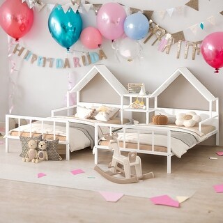 Kids and Baby Twin Size Double Platform Bed with House-shaped Headboard,Built-in Nightstand