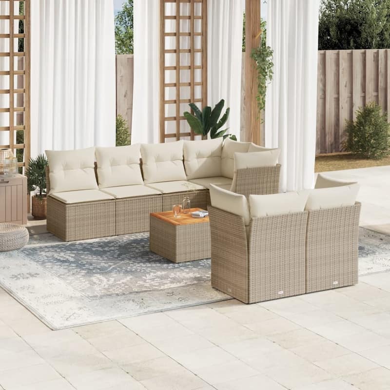 vidaXL Patio Sofa Set with Cushions Outdoor Furniture 8 Piece Poly Rattan - 21.7 x 21.7 x 14.6 - Beige-4x corner+3x middle+table