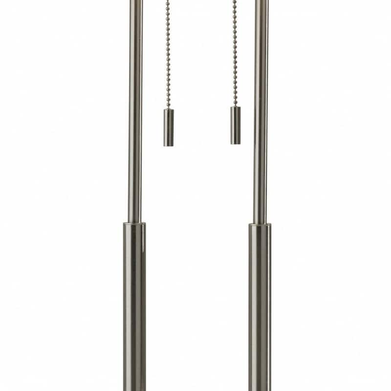 Silver Metal Base Bedside Table Lamp with Grey Linen Drum Shade Pull Chain - 6.5” x 17” x 27” (D x W x H)