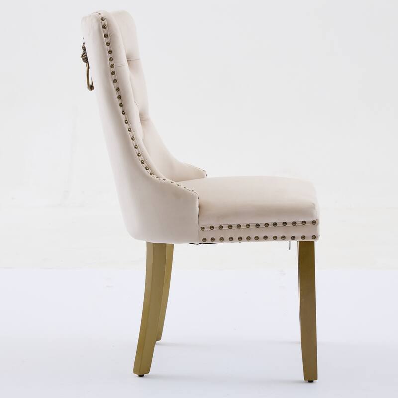 Velvet Dining Chairs Set of 2, Tufted Dining Chairs with Nailhead Trim, Kitchen Chairs with Lion Head Pulls Ring & Wooden Legs
