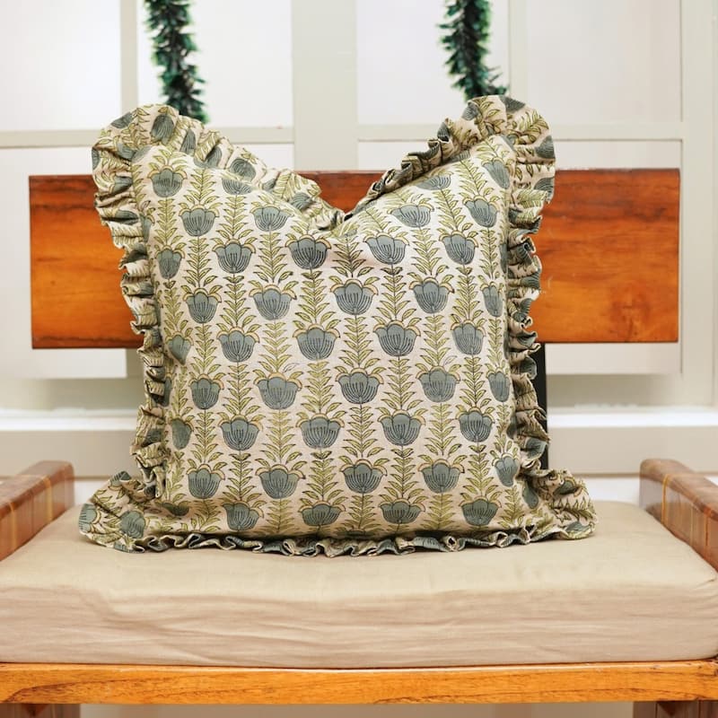 Fabdivine Handmade Block Print Floral Frill Both Side Soft Boho Pure Linen Pillow Cover
