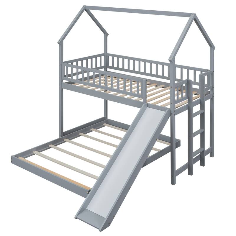 Twin Over Full Bunk Bed with Slide, Built-in Ladder, and Full-Length Guardrail, Gray