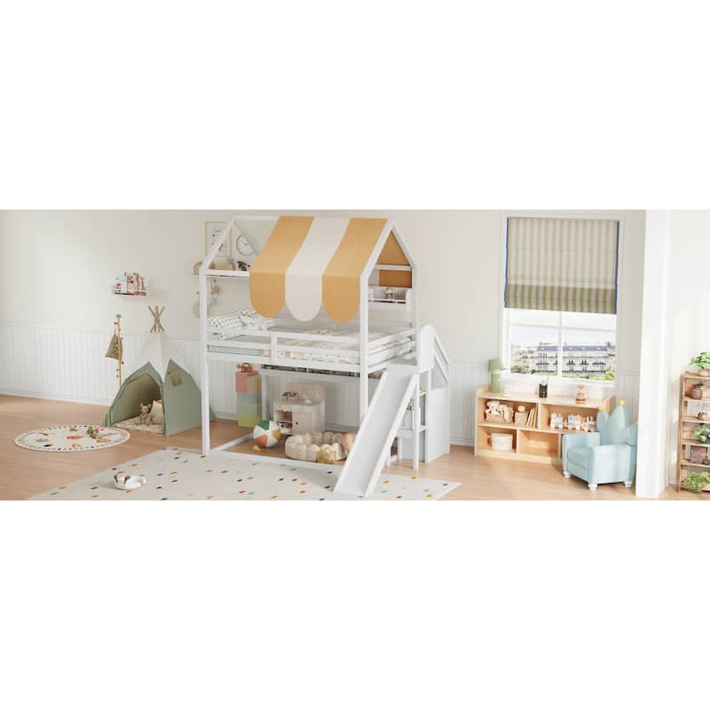 GDFStudio - Wooden Full Size House Bed with Canopy, Slide and Bookshelves