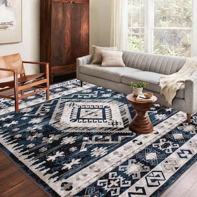 Area Rug 8x10 Vintage Bohemia Large Persian Non-slip Washable Rug For Living Room Kitchen Bedroom Geometry Blue/Black - 8' x 10'