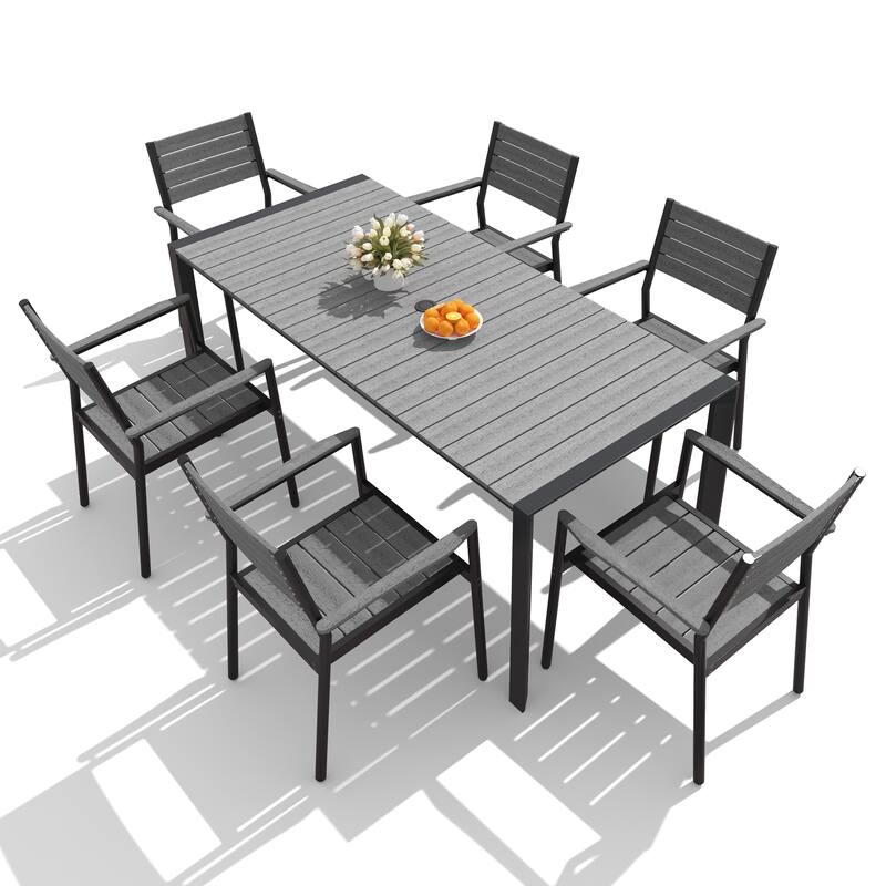 7/9/11-Piece Set Outdoor Aluminum Dining Table with Umbrella Hole and Stackable Dining Chairs