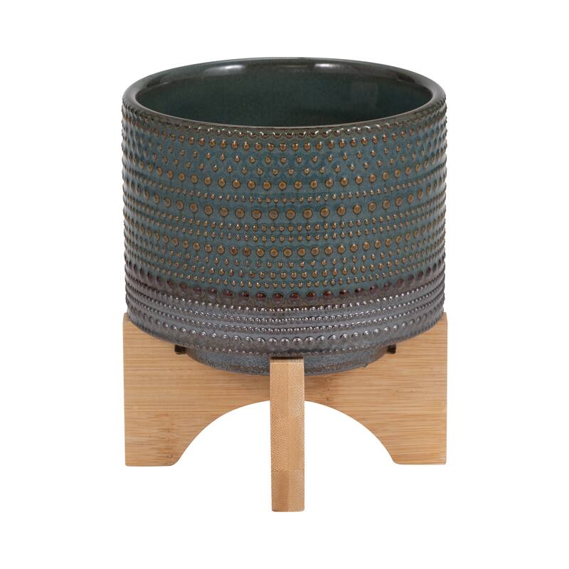 Sagebrook Home Ceramic Planter with Natural Wood Stand