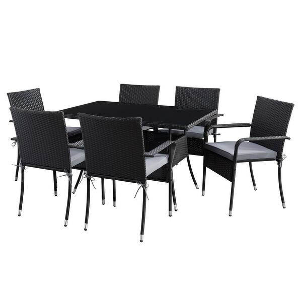 slide 2 of 5, CorLiving Parksville Rectangle Patio Dining Set with Stackable Chairs - Black Finish/Ash Grey Cushions 7pc