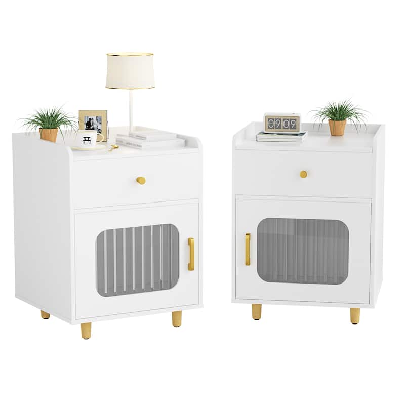 White Wooden Nightstand End Table w Drawer and Glass Door for Bedroom