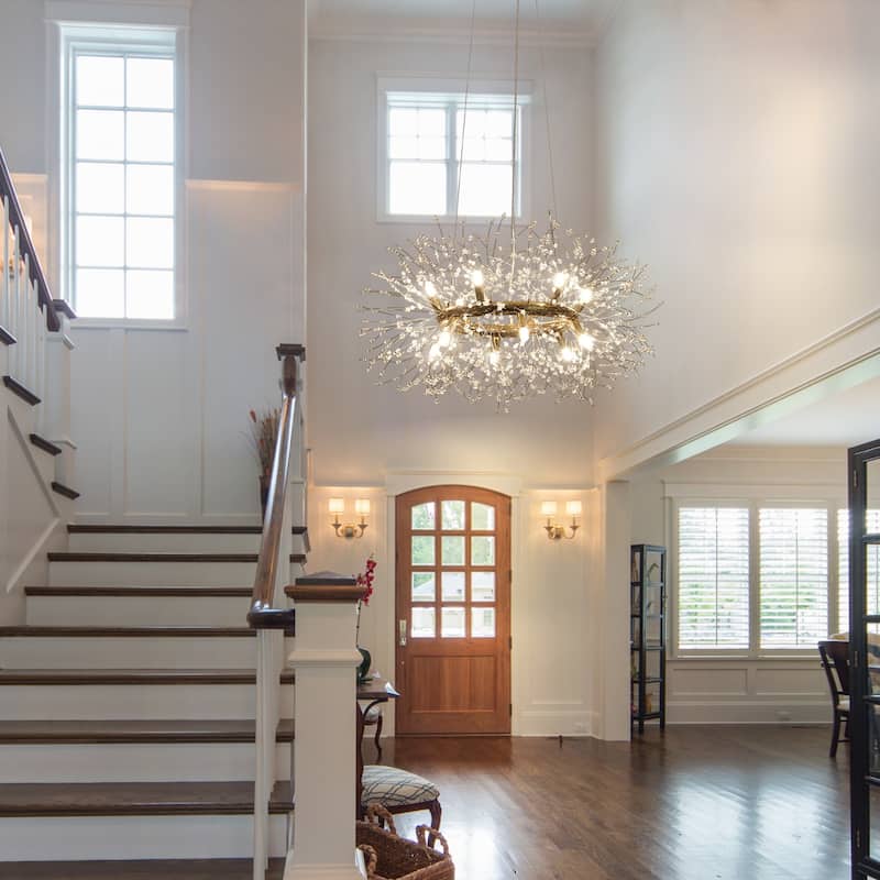 12/20 - Light Modern Glam Sputnik Wagon Wheel Crystal Chandelier for Entryway, Living Room(Bulbs Included)