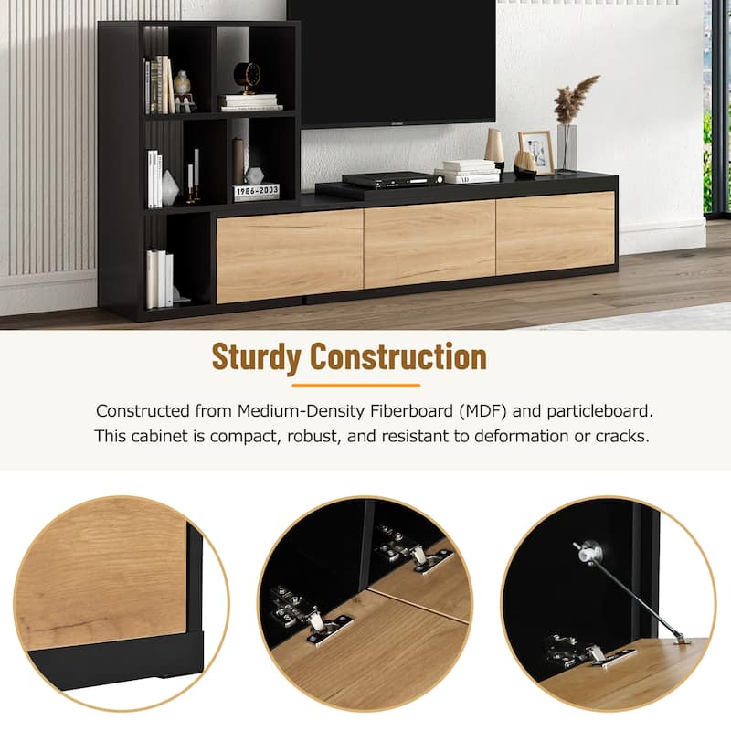 Modern Extended TV Stand with 3-Tier Bookshelves, Storage Cabinets and Sliding Tabletop, for Living Room, Black