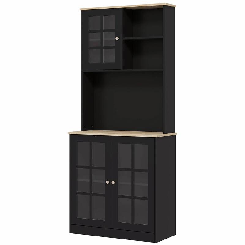 72" Freestanding Kitchen Pantry Cabinet with Hutch, Large Countertop, Glass Doors, and Adjustable Shelves