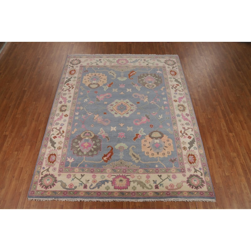 Light Blue Floral Oushak Indian Area Rug Handmade Wool Carpet - 8'0" x 9'10"