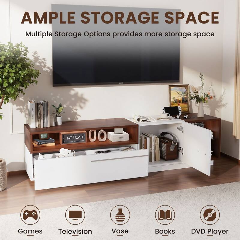 Meyreso 70.8" Modern High Gloss White & Walnut TV Stand with LED Lighting and Open Storage - 70 inches