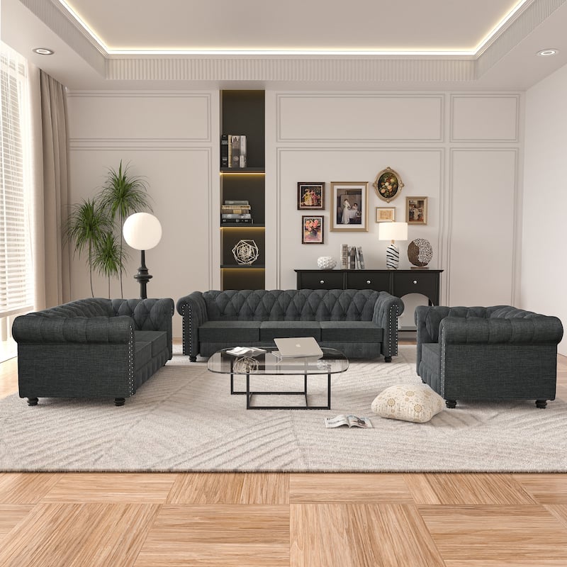 Morden Fort Button Upholstered Chesterfield Set Chair, Loveseat ,Sofa 3 PCS for Living Room,Linen,Solid Wood Legs