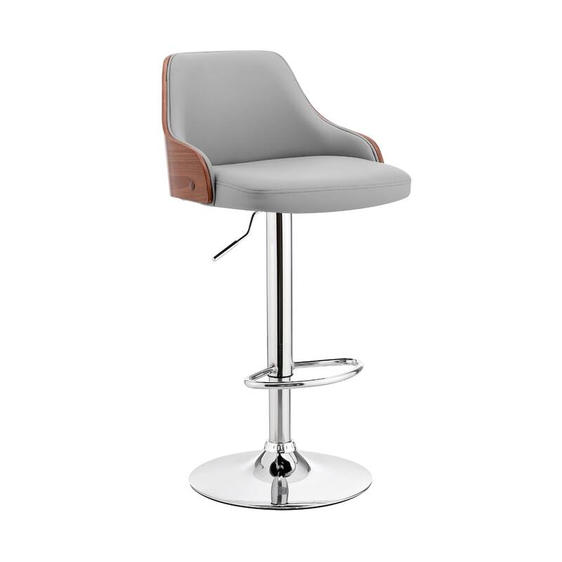 24" Swivel Bar Stool with Armrests and Adjustable Height PU Seat with Foam Chrome Finish Base for Kitchen or Bar - Grey-Silver