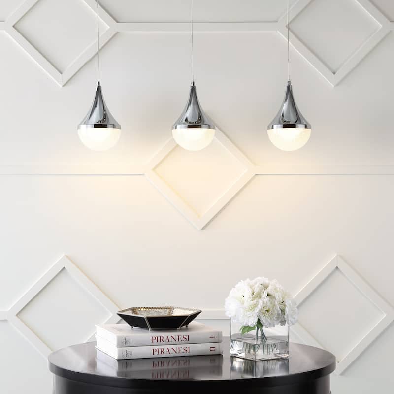 Mario Teardrop Modern Mid-Century Iron/Acrylic Integrated Linear LED Pendant, Chrome/White by JONATHAN Y