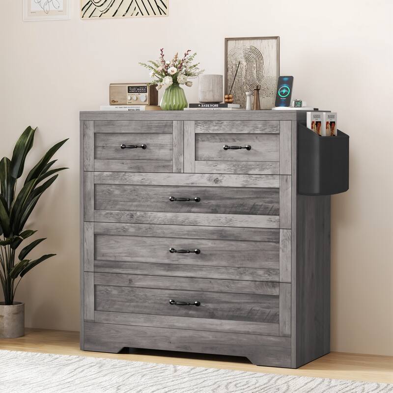 Vintage Double Dresser Chest of Drawers with Charging Station and Side Organizer Bag