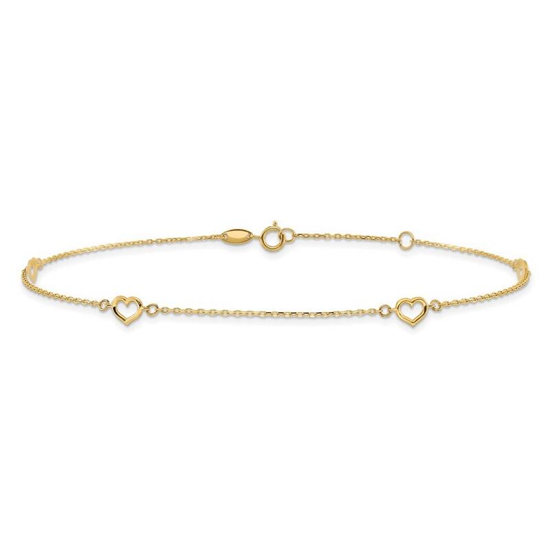Curata 14k Yellow Gold 10+1" Polished Open Heart Station Rolo Chain Anklet (Spring-ring)