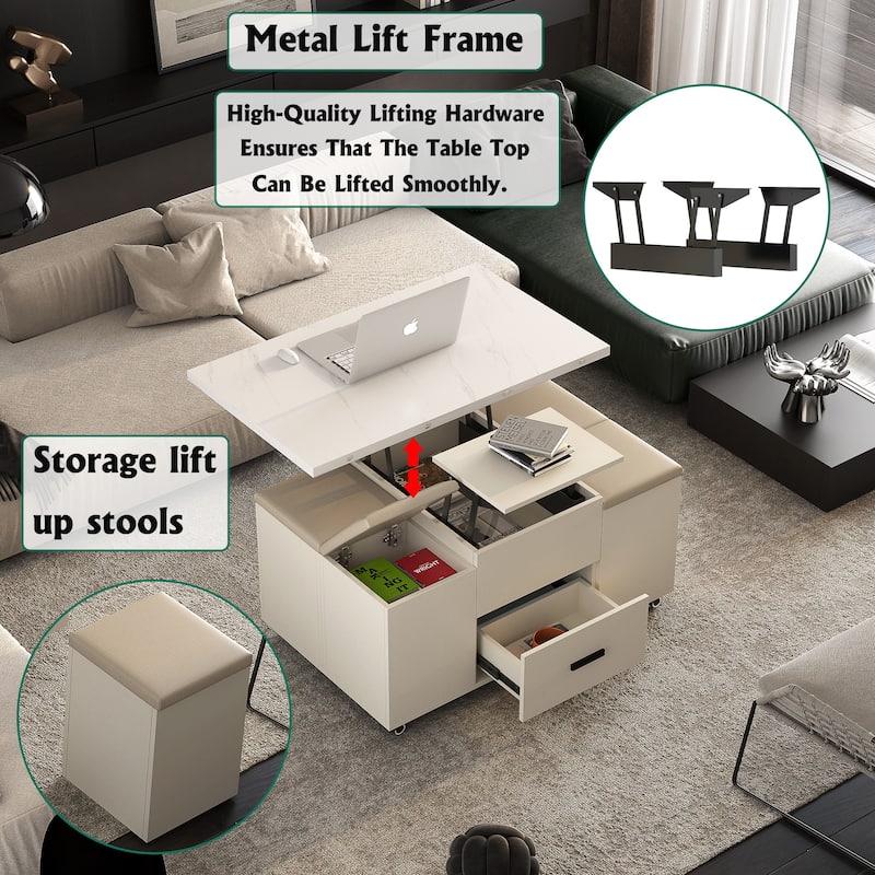 Lift Top Coffee Table Set with 4 Stools, Center Table with Hidden Storage & Drawers, Living Room Table with Lockable Wheels