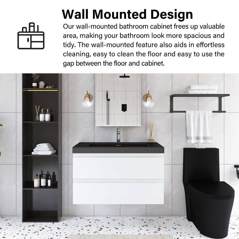 24/30/36 inch Wall-Mounted Bathroom Vanity Set in White with Integrated Black Resin Sink