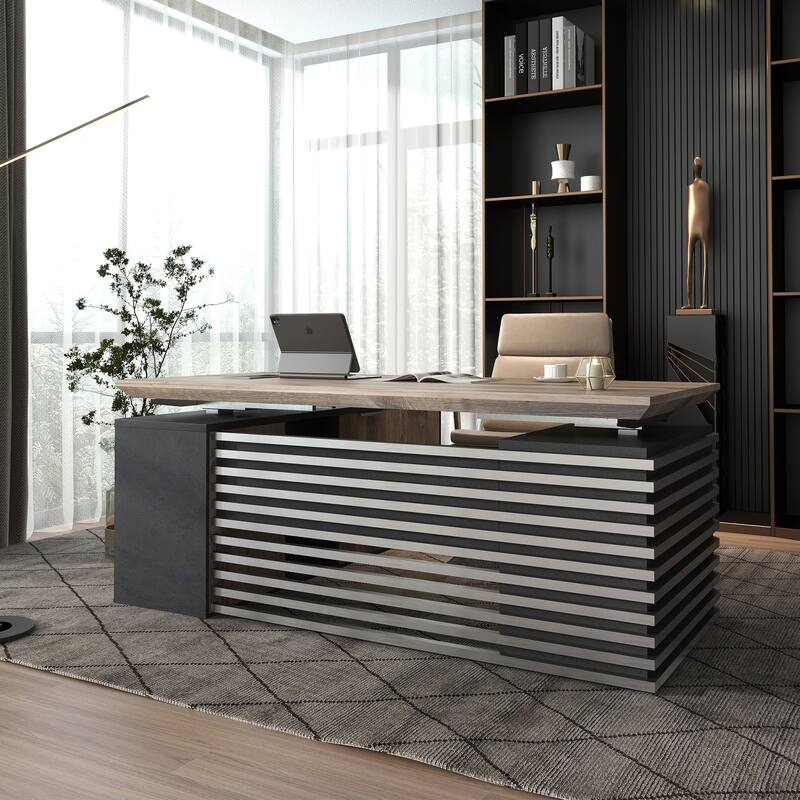 Adjustable L-Shaped Executive Desk with Outlets File Cabinets 3 Drawers Custom Size & Color - 78inches - Right Return-Black/Wood