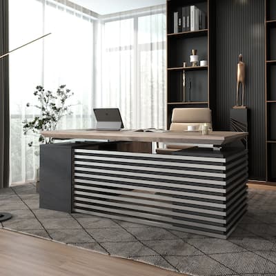Adjustable L-Shaped Executive Desk with Outlets File Cabinets 3 Drawers Custom Size & Color
