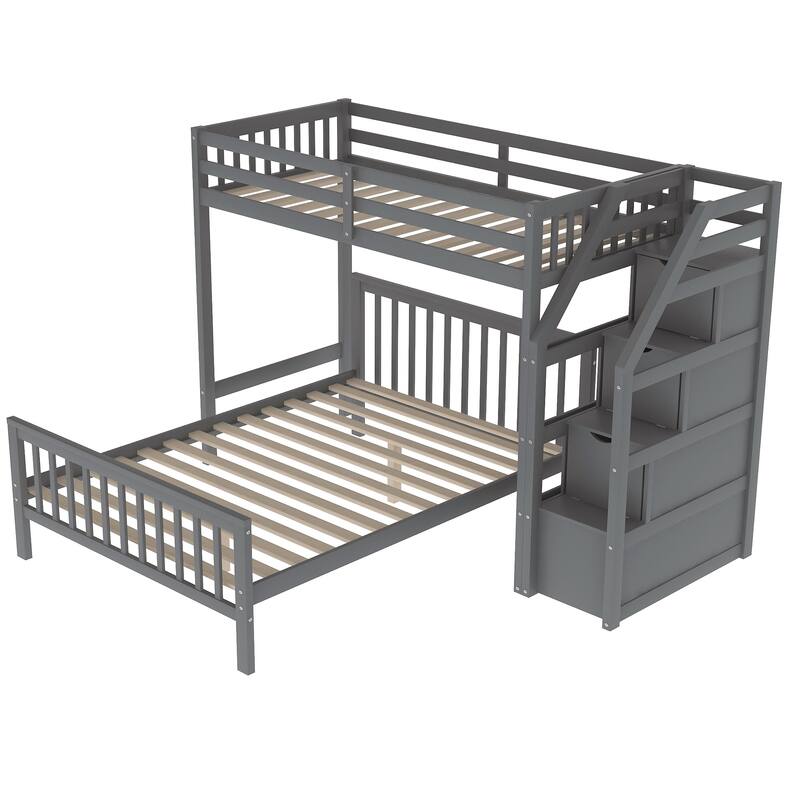 Twin Over Full Bunk Bed with Storage Stairs, Wooden Stairway Bunk Bed L-shaped Bunkbeds Frame, Twin Loft Bed w/Full Platform Bed