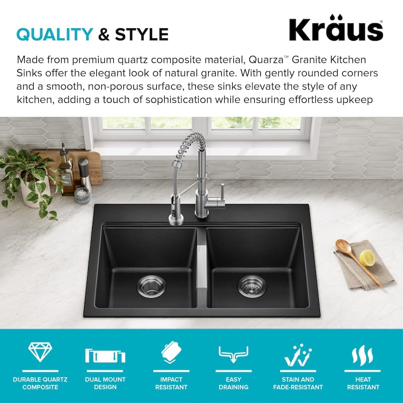 KRAUS Granite 33 inch 2-Bowl Undermount Drop-in Kitchen Sink