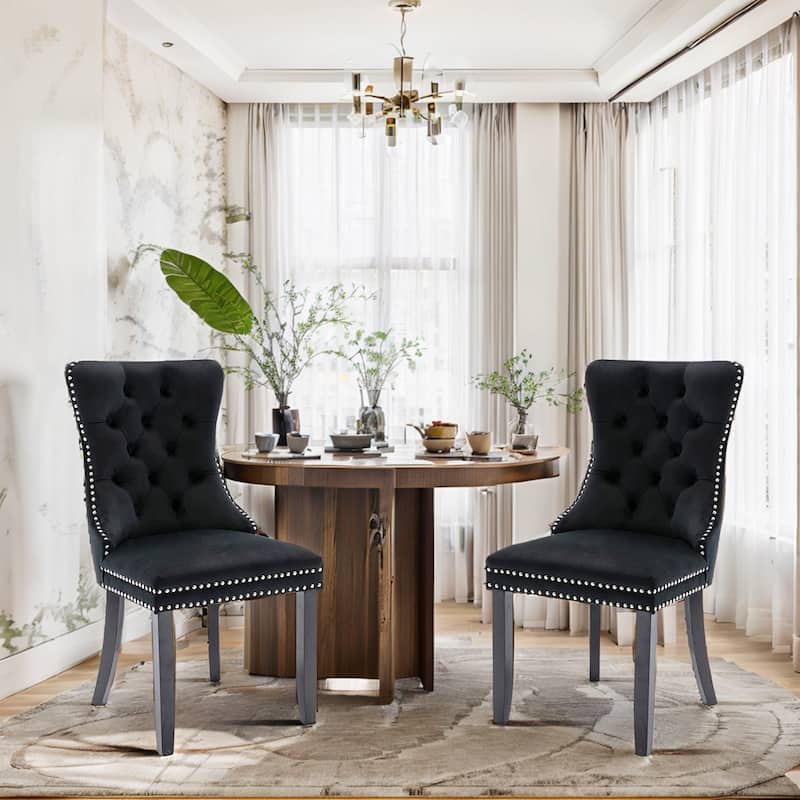 Set of 2 Velvet Dining Chairs,Tufted Solid Wood Armless Chairs Accent Chair with Nailhead Trim and Back Ring Pull - N/A - Dark Black