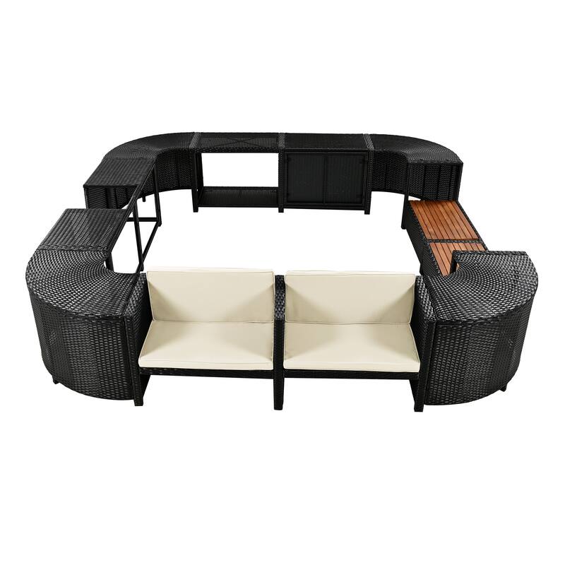 Outdoor Rattan Spa Frame Conversation Sofa Set with Storage & Wooden Bench