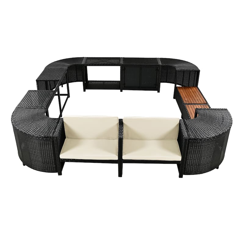 Spa Surround Spa Frame Quadrilateral Outdoor Rattan Sectional Sofa Set with Mini Sofa,Wooden Seats and Storage Spaces, Beige