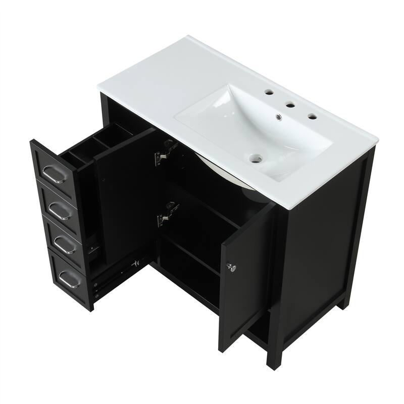 Roomfitters 36" Bathroom Vanity with Sink, Right-Side Basin, Solid Wood Frame, 2 Doors, 2 Drawers & Open Shelf