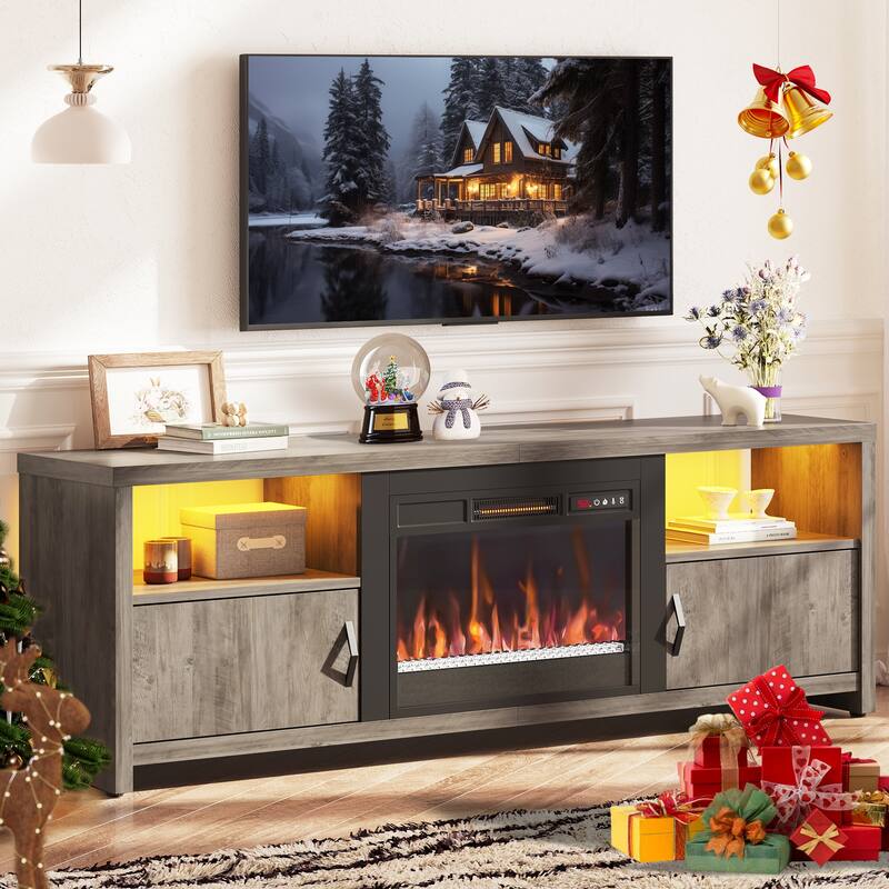 70" Fireplace TV Stand with LED lights Entertainment Center - 71 inch - Grey Wash